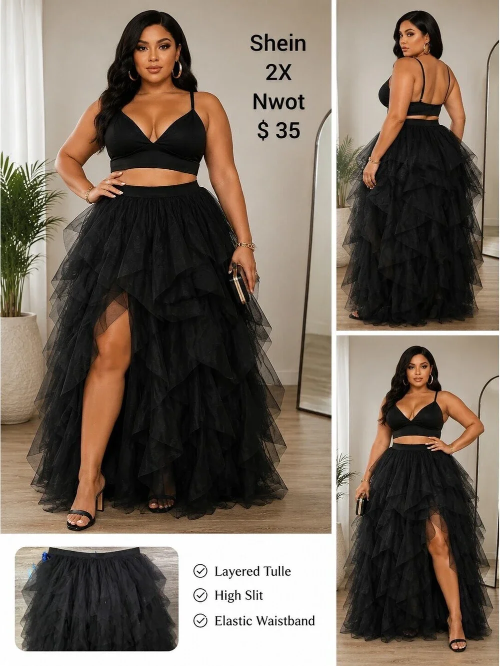 Shein 2X Black Layered Tulle High Slit Maxi Skirt with Elastic Waistband